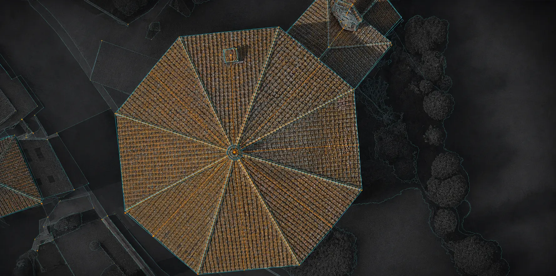 Vista zenitale tecnica della copertura storica con linee di colmo e controllo geometrico