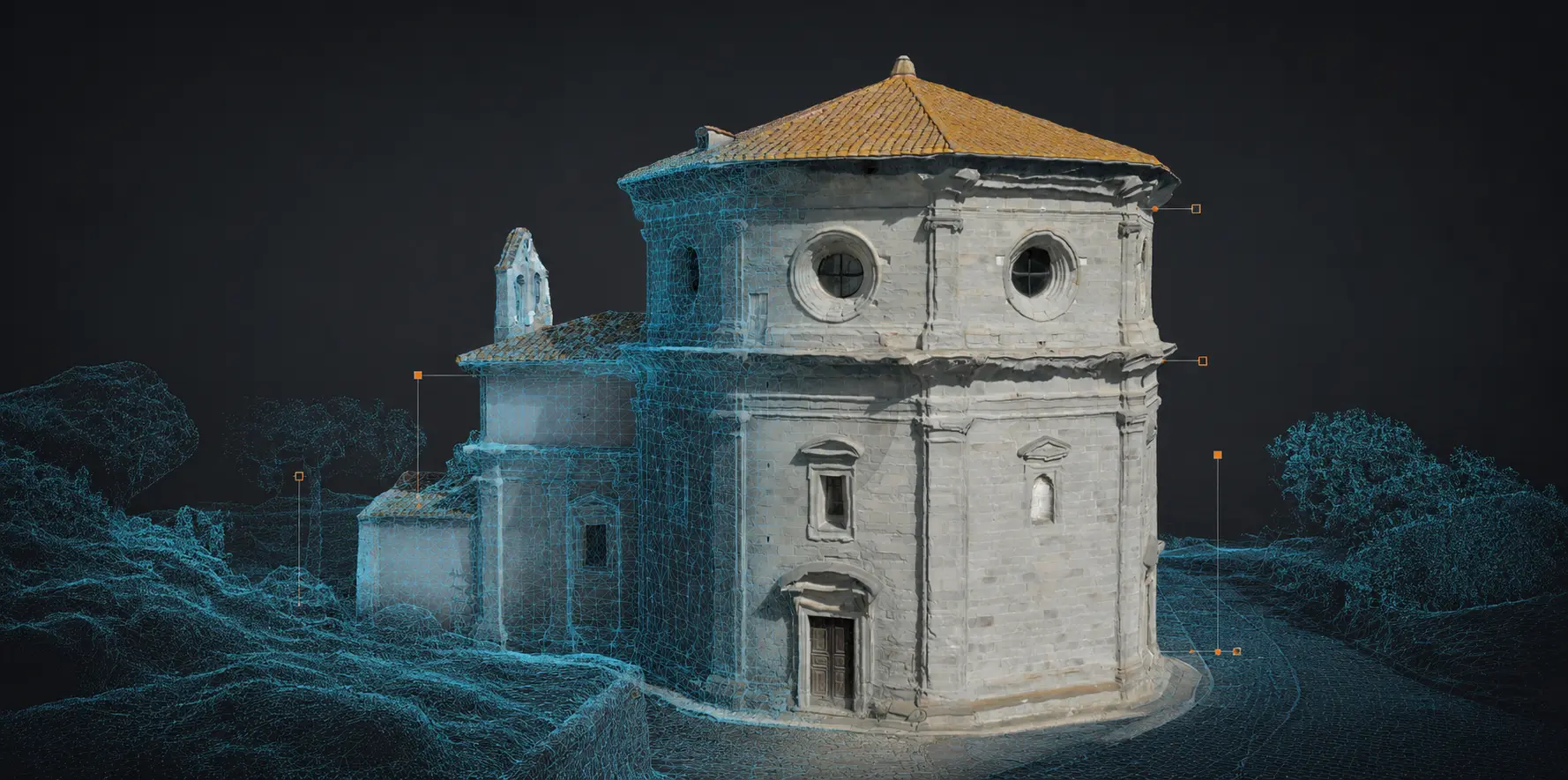 Modello tridimensionale texturizzato di una chiesa storica con transizione in nuvola di punti