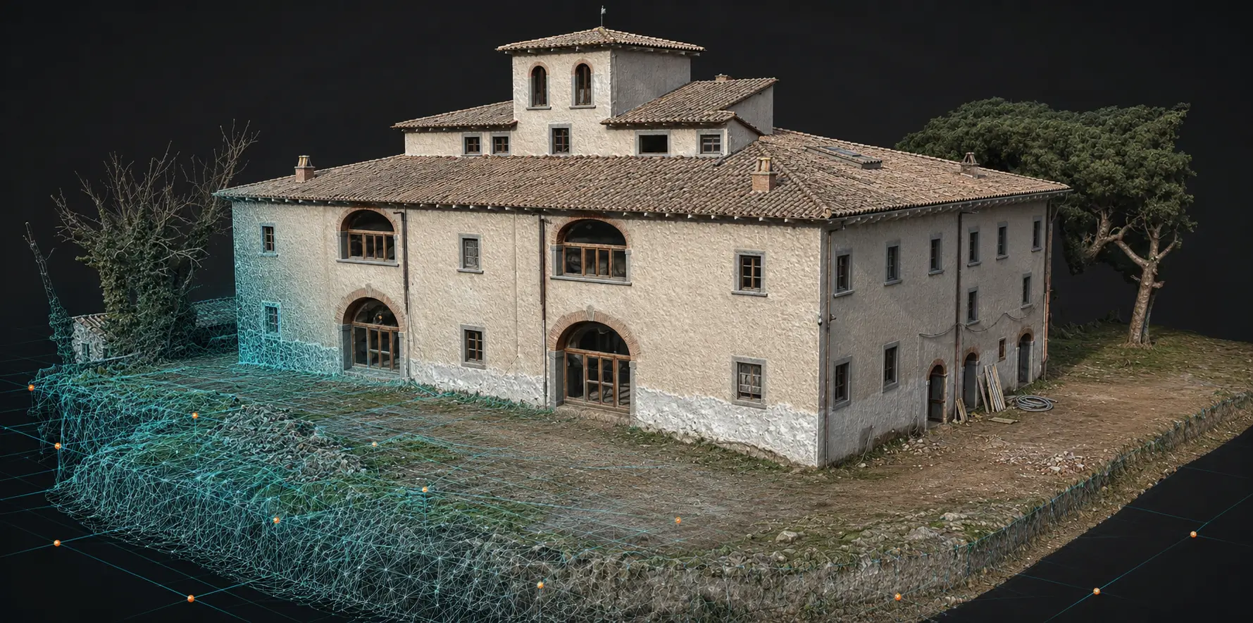 Modello tridimensionale di un complesso rurale con mesh, nuvola di punti e punti di controllo