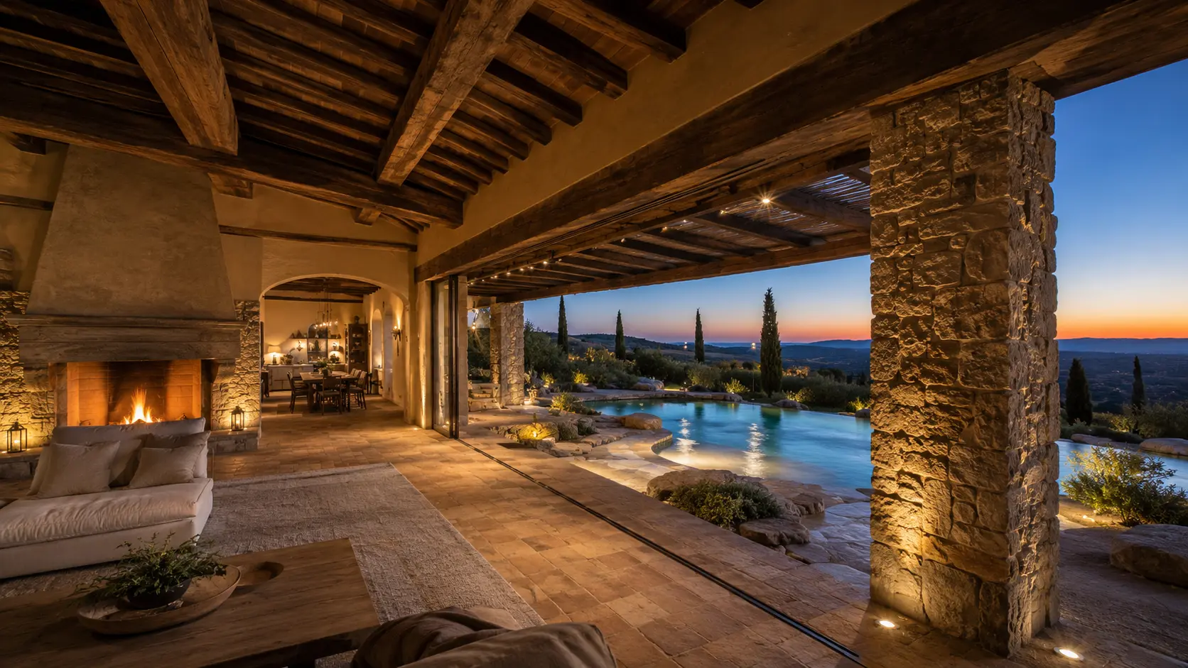 Ampio interno toscano con camino in pietra, portico in legno e pietra e affaccio sulla piscina naturale e paesaggistica illuminata al tramonto