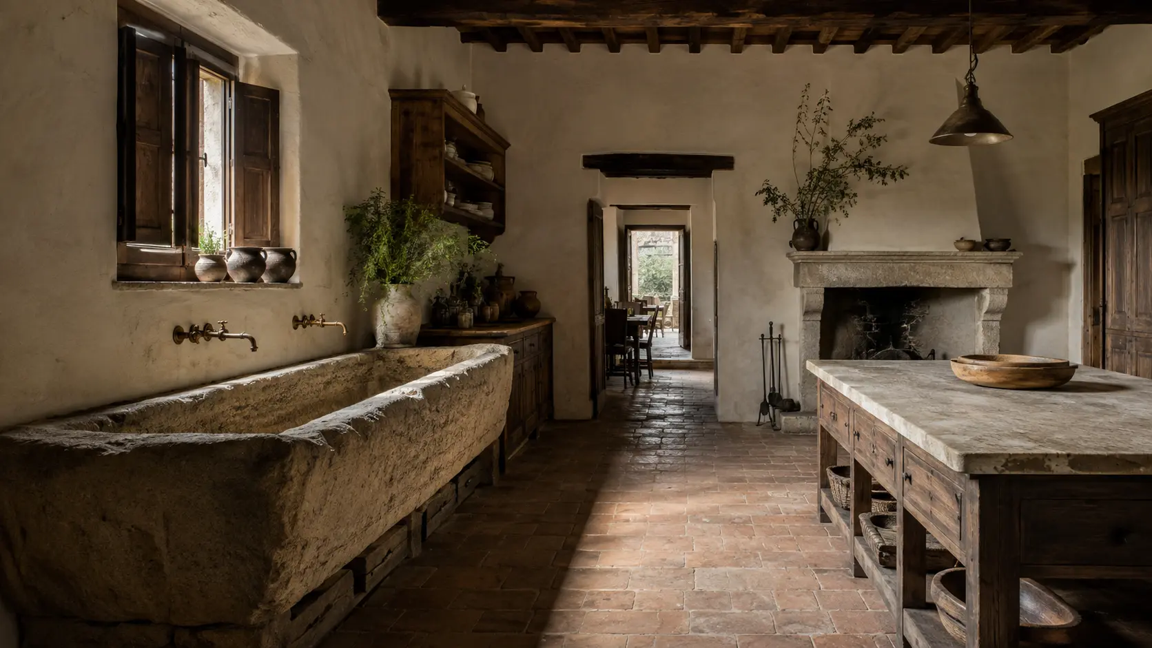 Interno rurale toscano con acquaio ricavato da un'antica mangiatoia bovina, camino in pietra, travi in castagno e pavimento in cotto