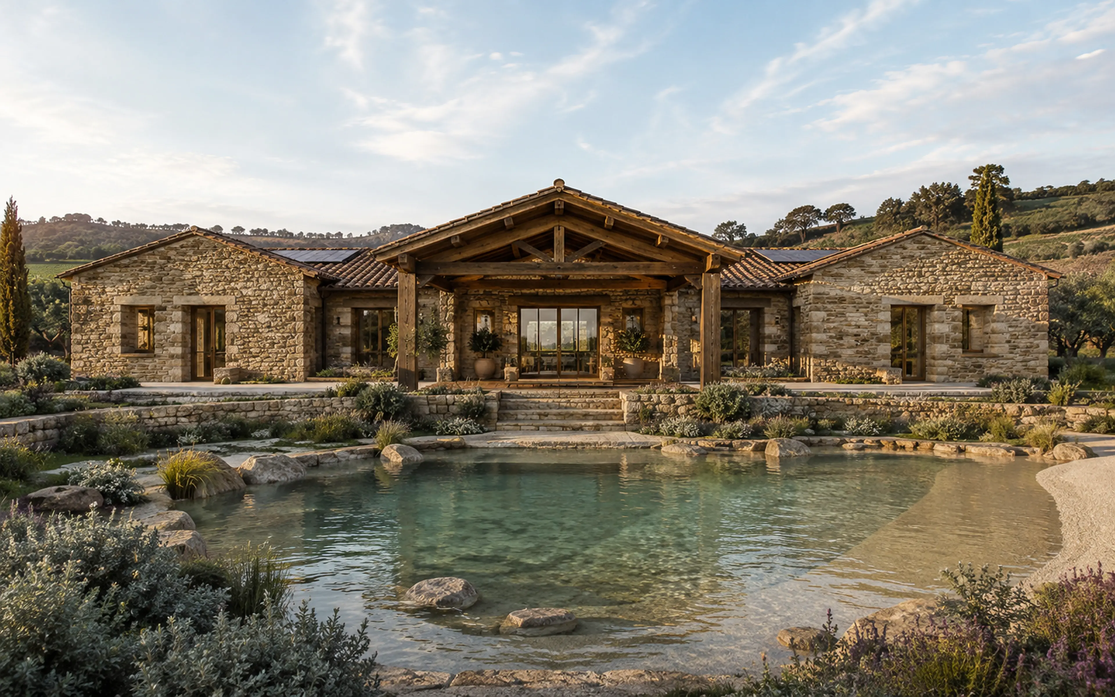Render diurno di una villetta monopiano in legno a energia zero, inserita nel paesaggio collinare senese con piscina naturale e paesaggistica in resina