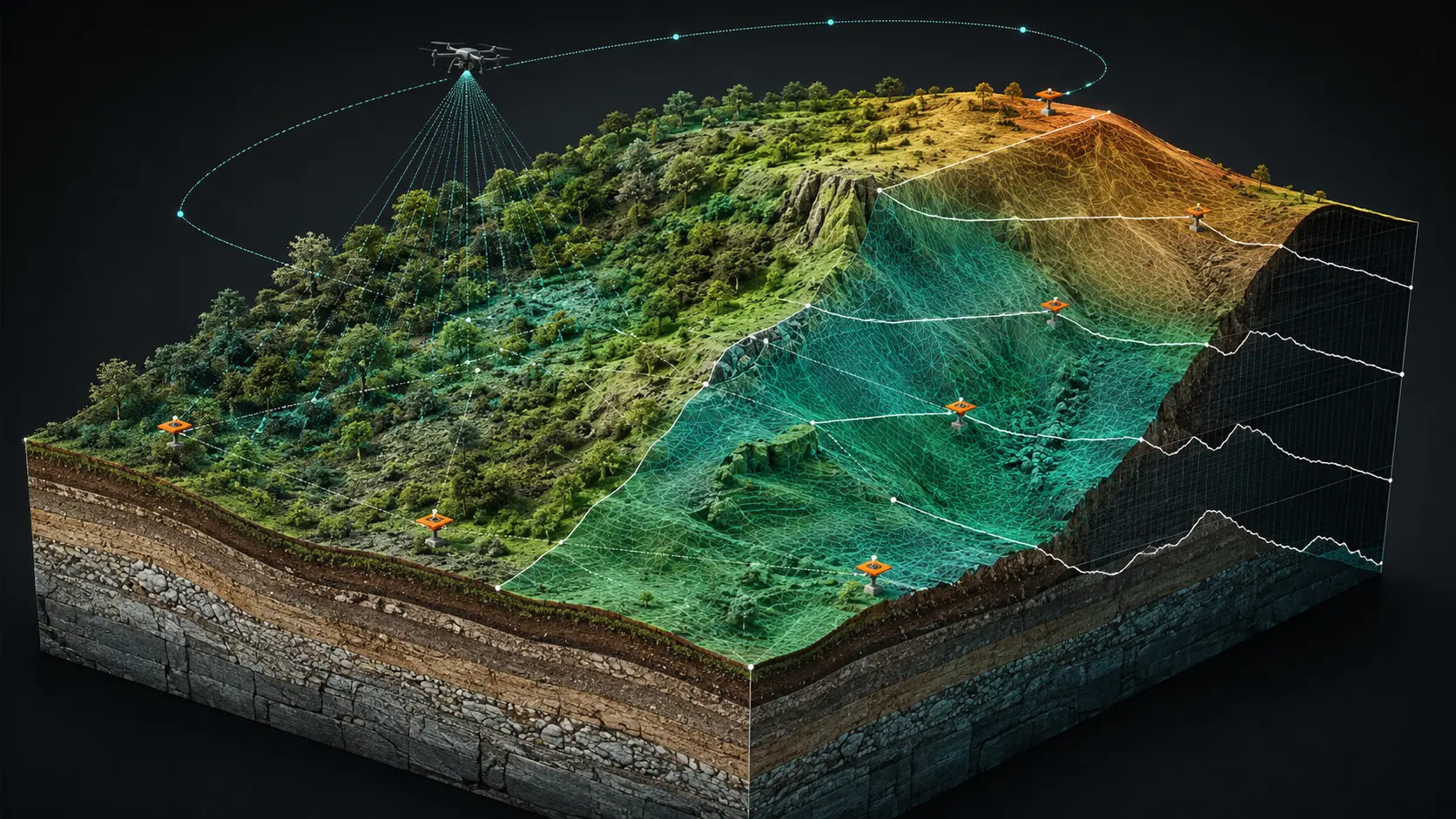 Modello digitale di un versante in pendenza con nuvola di punti LiDAR, vegetazione filtrata, mesh, curve di livello e sezione del terreno